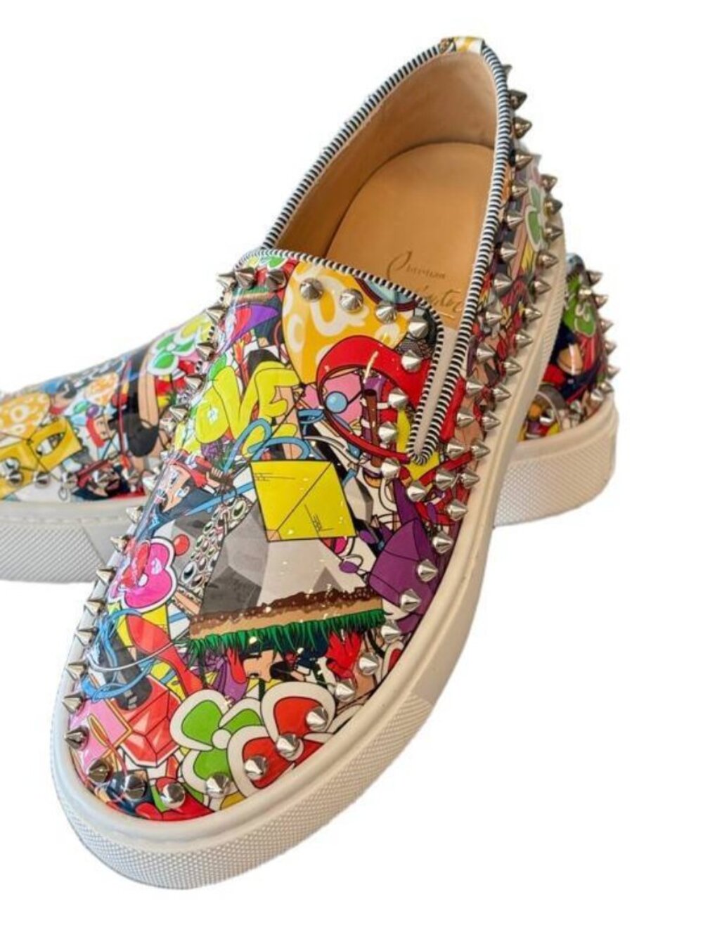 Christian Louboutin Slip On Sneakers Graffiti Print Spiked Studded Shoes EU 37.5